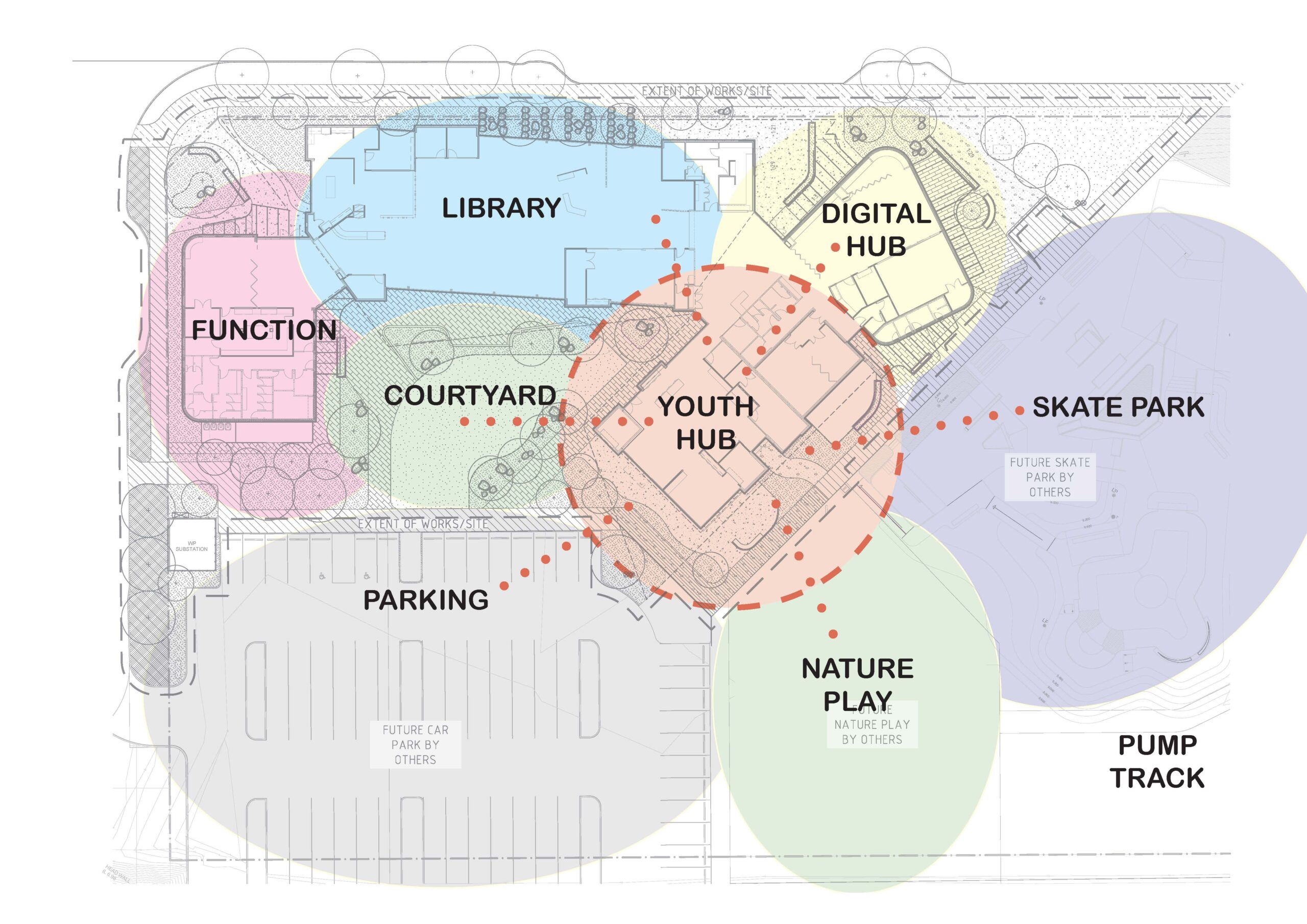 Ideas of the youth group on the ground plan of the site (top) and the